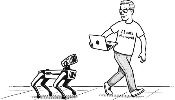 Line drawing of a man walking a robot dog while carrying a laptop, wearing a t-shirt that reads 'AI eats the world'